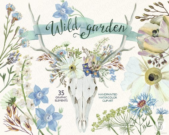 570x456 Watercolor Wildflowers Floral Deer Skull Antlers Tribal Etsy