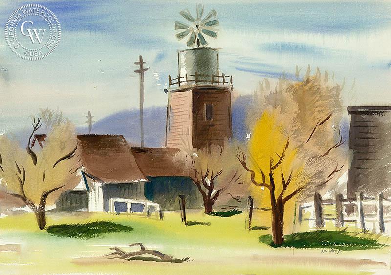800x563 Tank House And Windmill, 1939, California Watercolor Art By Leon