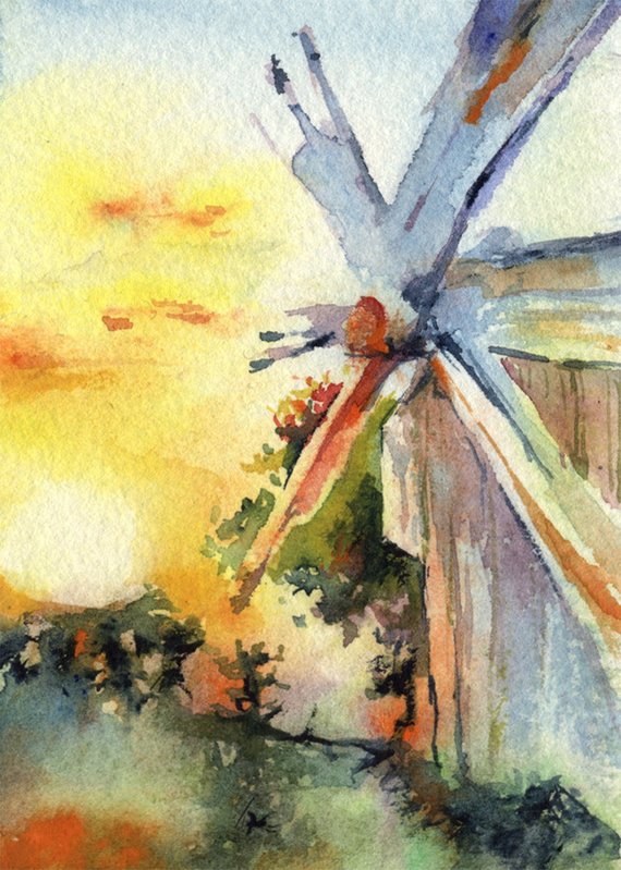 570x799 Windmill Watercolor Painting Print Print Of Watercolour Mill Etsy