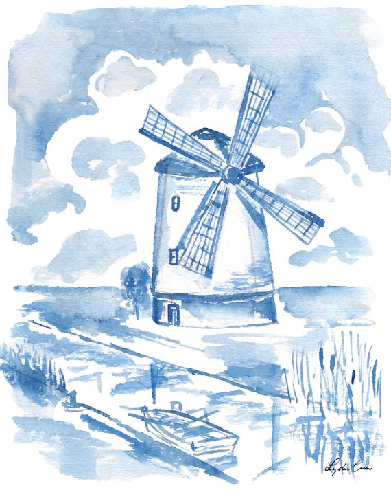 570x713 Blue Windmill Art Print Watercolor Windmill Blue Etsy