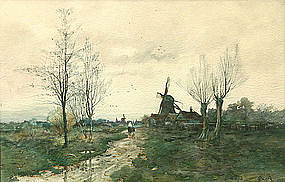 285x182 Charles Paul Gruppe Windmill Watercolor Painting (Item