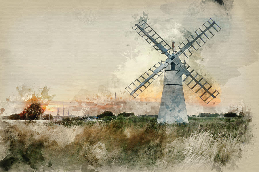900x600 Digital Watercolour Painting Of Stunning Landscape Of Windmill A
