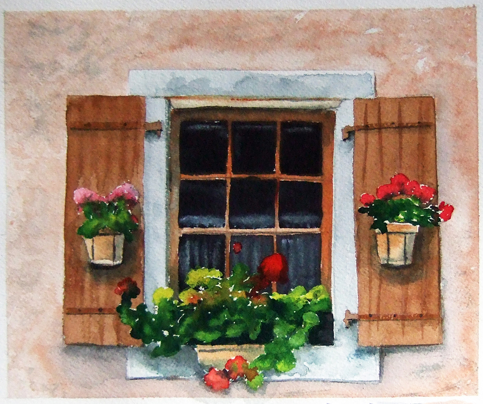 949x793 French Shutters Window Flowers Watercolor Painting French Art