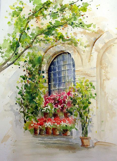 464x640 Watercolor Window Scene Doors And Windows Art