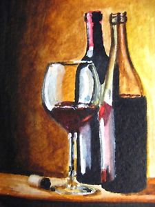 225x300 Watercolor Painting Red Wine Glass Bottle Alcohol Drink Aceo Art