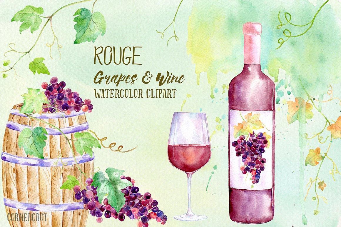 1160x772 Watercolor Rouge Grapes And Wine, Red Grape, Vines, Bottle Of Red