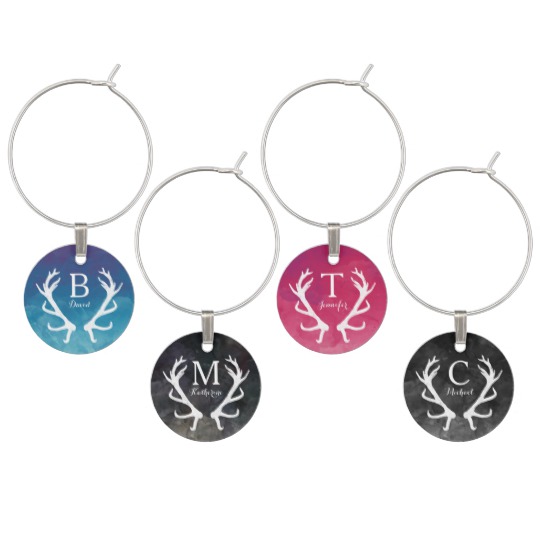 540x540 Watercolor And Rustic Deer Antlers Monogram Wine Glass Charm
