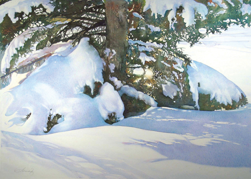 500x358 Watercolor Winter Wonderland Snow Landscapes, Snow Painting