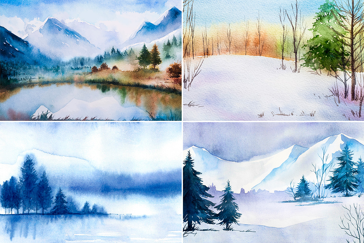 1160x774 Winter Landscapes Set 2. Watercolor.