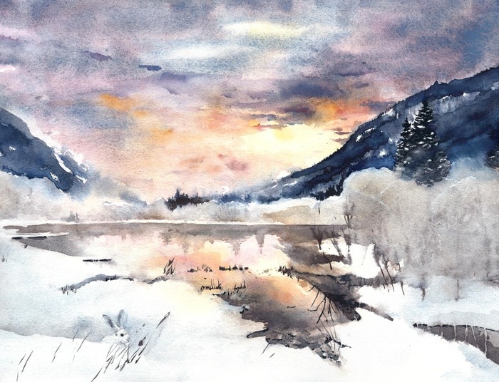 700x536 Winter Landscape Mountains Lake Snow Watercolor Painting Wall