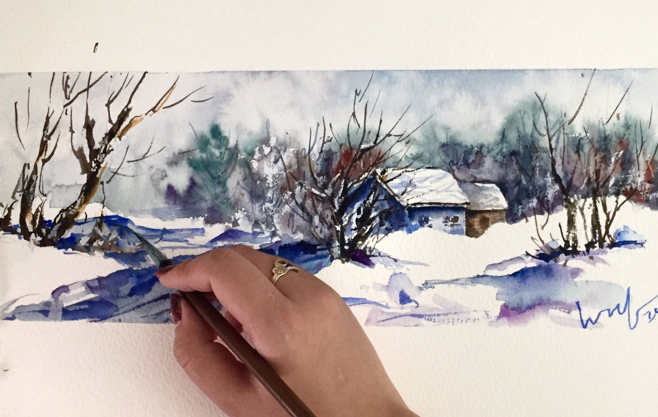 2259x1433 Time Lapse Watercolor Winter Snow Scene By Untamed Little Wolf