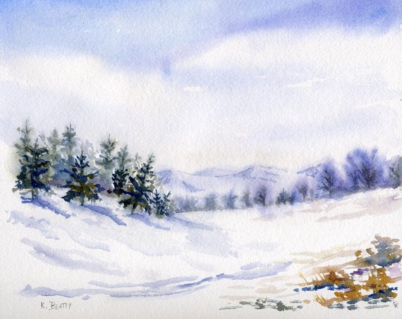 570x453 Winter Landscape Watercolor Snow Scene Digital Download Etsy
