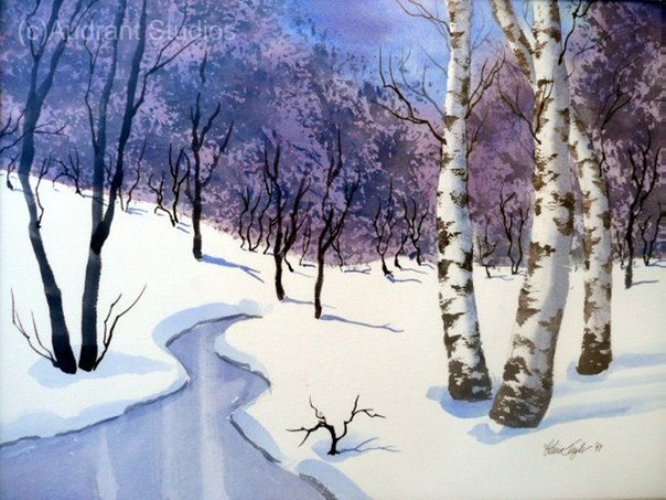 604x453 Winter Scene 12x16 Watercolor Audrant Studios