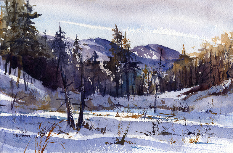 787x517 Low Original Watercolor Landscape Painting Of Winter