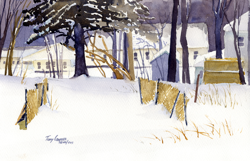 970x626 Back Yard Snow Watercolor Landscape Painting Vermont