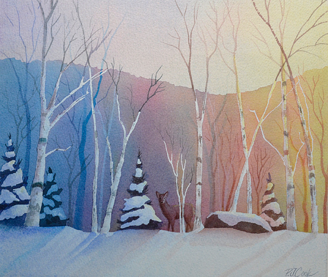 640x541 Winter Light Watercolor Of A Snow Scene With Deer