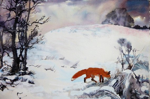 570x376 Fox In Snowwatercolour Winter Landscapesnow Scene Etsy