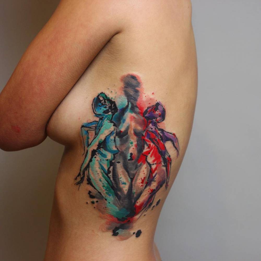 1000x1000 Watercolor Style Side Tattoo Of Three Women Body