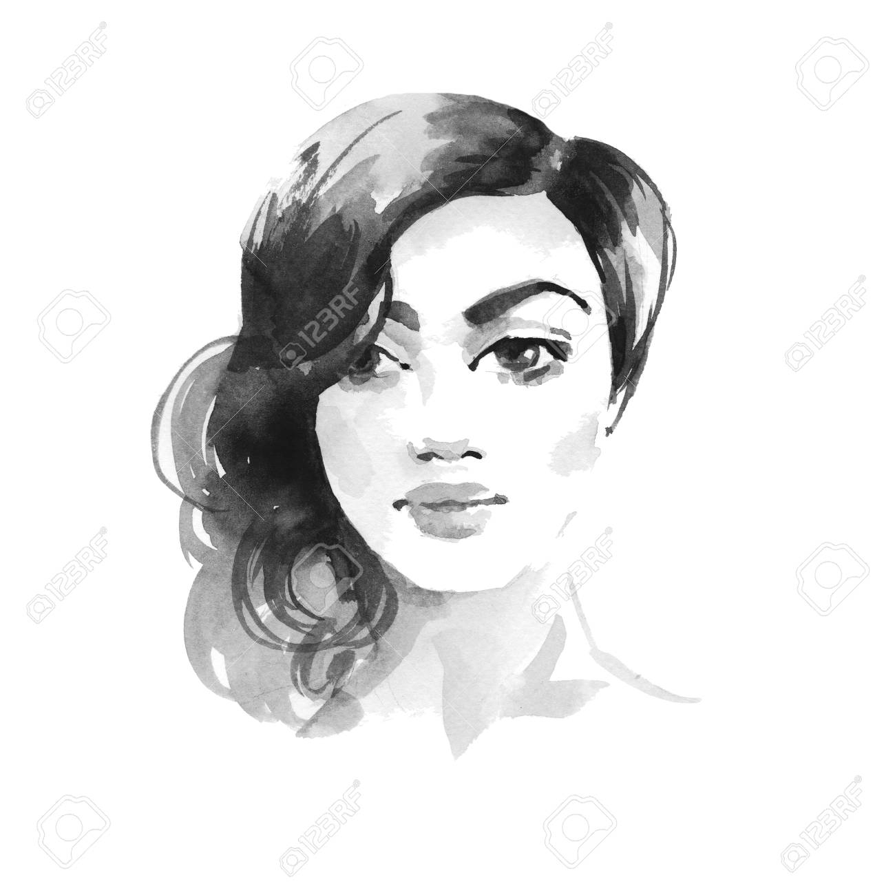 1300x1300 Black And White Sketches Woman Face Brunette Girl. Watercolor