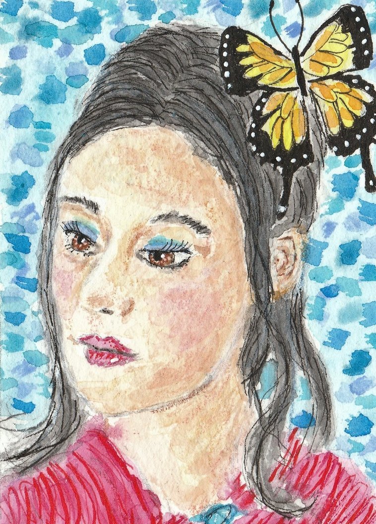 758x1055 Black Haired Woman Face Watercolor Aceo Painting By Tulipteardrops