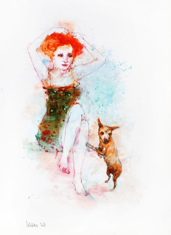 570x783 Woman And Dog Painting. Woman Figure Watercolor Painting. Dog Etsy