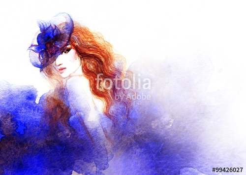 500x355 Beautiful Face. Woman Portrait With Hat. Watercolor Painting