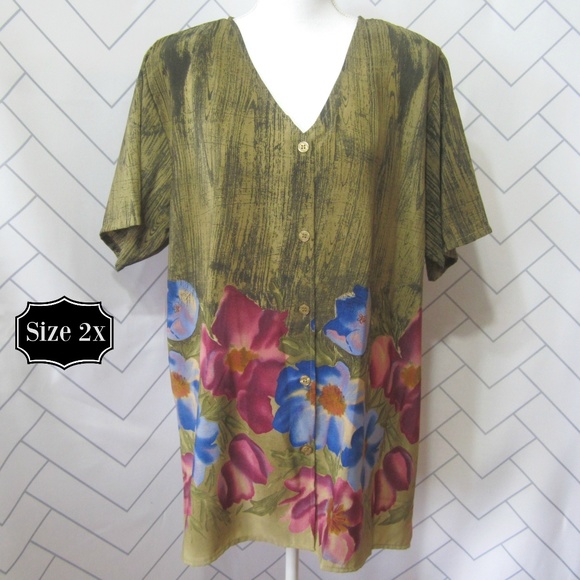 580x580 Mlle Gabrielle Tops Watercolor Floral Wood Grain Summer Tunic 2x