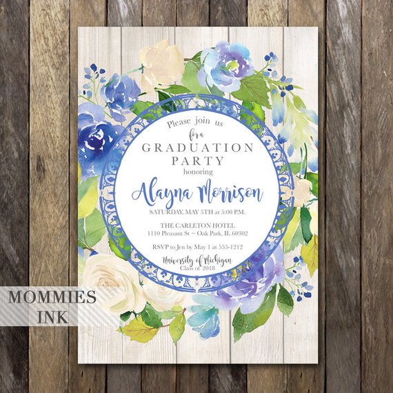 570x570 Purple Graduation Party Invitation, Watercolor Flowers Invitation