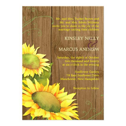 530x530 Watercolor Sunflowers Wood Grain Wedding Invites Invitations 4 U
