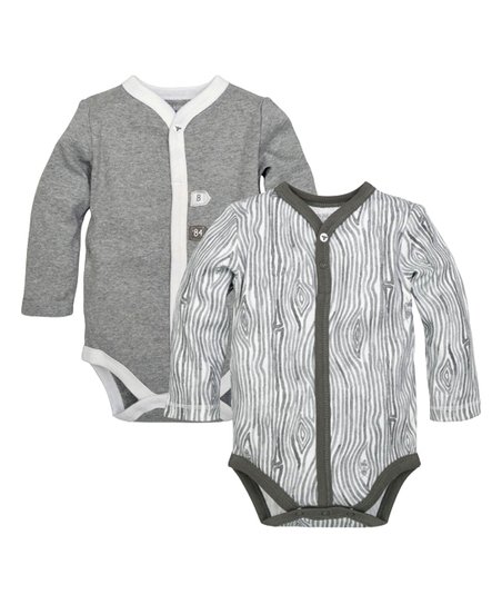 452x543 Burts Bees Baby Heather Gray Watercolor Wood Grain Bodysuit Set