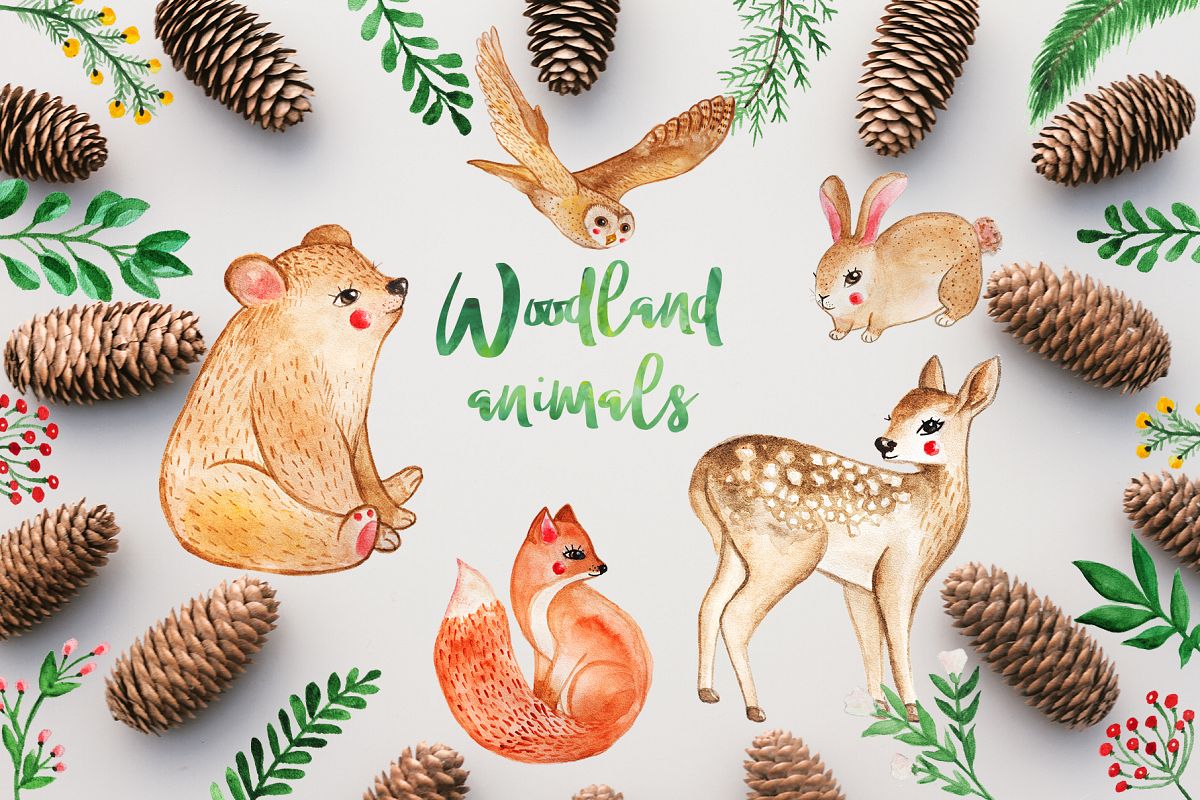 1200x800 Watercolor Woodland Animals