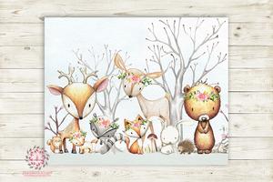 300x200 Woodland Animals Wall Art Print Boho Floral Deer Bunny Fox Bear