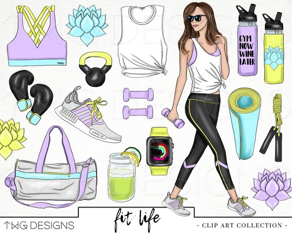570x456 Fitness Fashion Girl Clip Art Watercolor Clipart Png Workout Etsy
