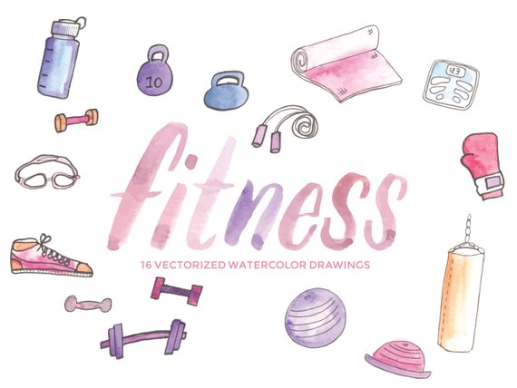 570x428 Fitness Gym And Workout Equipment Hand Painted Watercolor Etsy