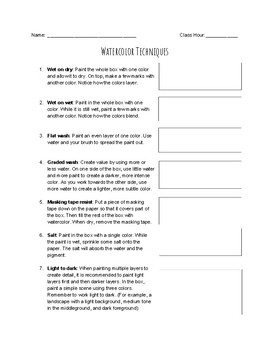 270x350 Watercolor Painting Techniques Worksheet By Allyson Craft Tpt