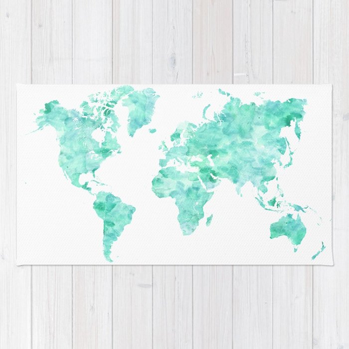 700x700 Teal Aquamarine Watercolor World Map Rug By Blursbyaishop Society6