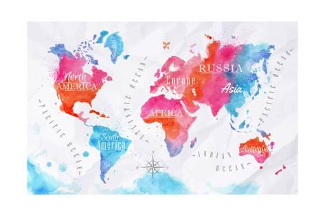 473x315 Watercolor World Map Pink Blue Poster By Anna42f