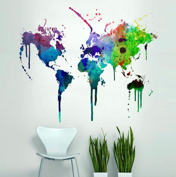 570x571 World Map Watercolor Decal Watercolor World Map Wall Etsy