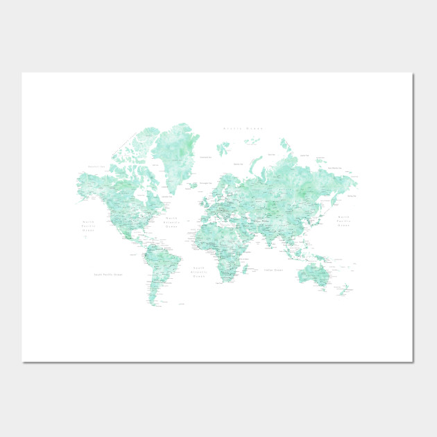 630x630 Mint Watercolor World Map, Detailed, Desie
