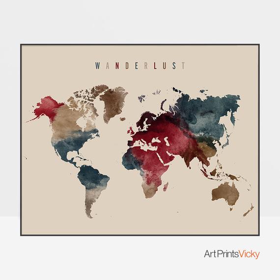 570x570 Wanderlust World Map Wall Art World Map Poster Watercolor Etsy