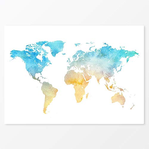 500x500 Watercolour World Map Poster, Blue Yellow Print, Size 5x7, 8x10