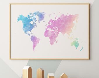 340x270 Watercolor World Map Etsy