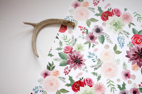 570x380 Christmas Floral Watercolor Wrapping Paper Holiday Flower Etsy