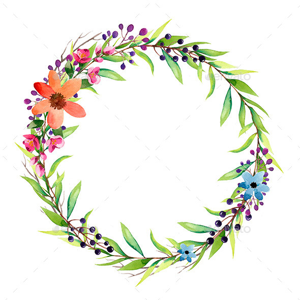 590x590 Watercolor Wreath With Flowers, Foliage And Branch By Smotrivnebo
