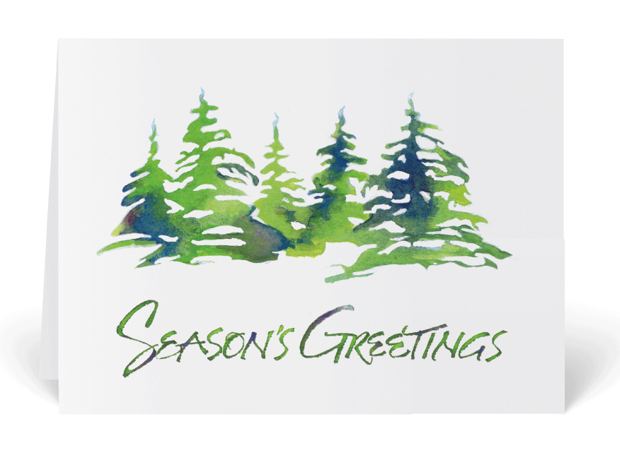 876x648 Rustic Watercolor Trees Holiday Card [4607] Harrison Greetings