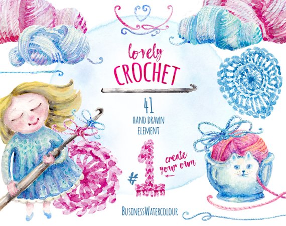 570x451 Lovely Crocheting Clipart Hand Drawn Watercolor Yarn Wool Etsy