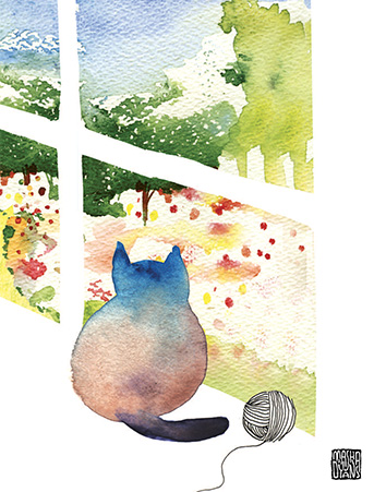 343x451 Window Cat Garden Yarn Miss You Watercolor Greeting Card By Masha