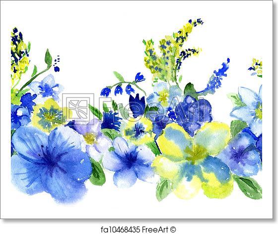 560x470 Free Art Print Of Watercolor Dark Blue And Yellow Flowers On A