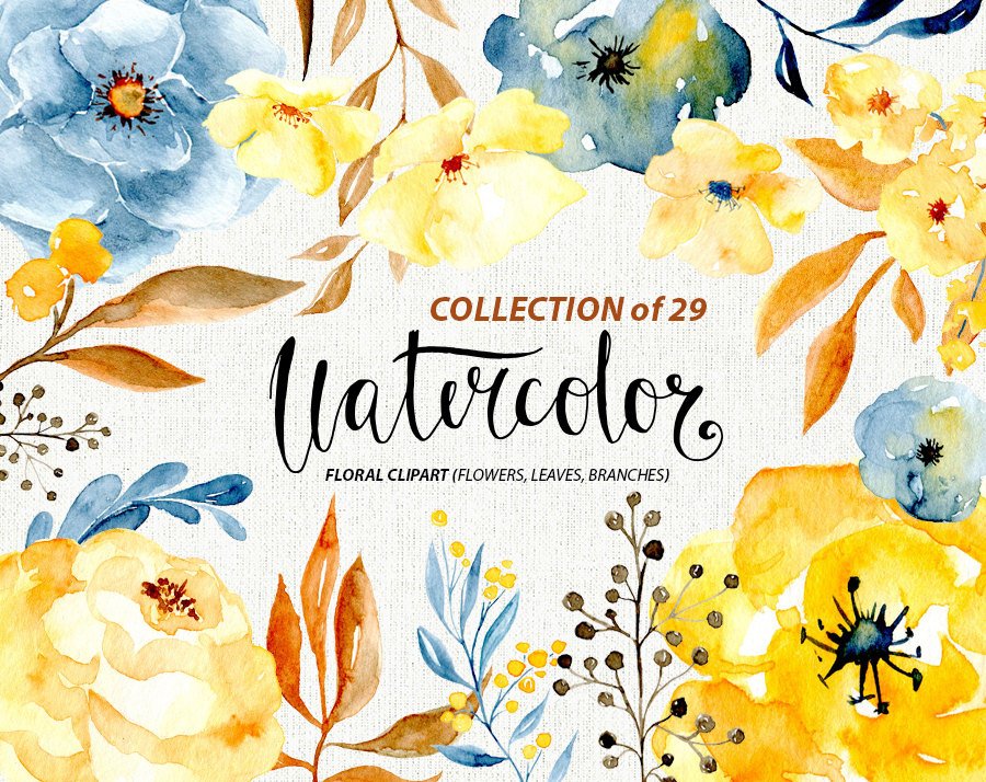 900x714 Wedding Watercolor Flower Clipart 29 Blue Yellow Brown Etsy