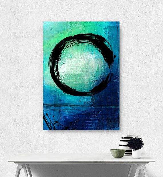 570x617 Large Enso, Zen Circle Abstract Art, Blues Teal, Aqua Watercolor